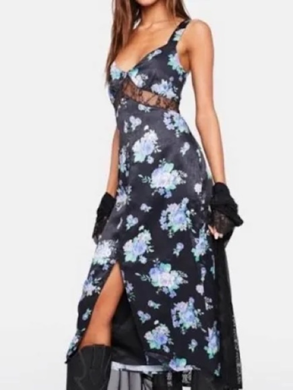 WeWoreWhat Black Floral Midi Dress with Blue & Green Roses